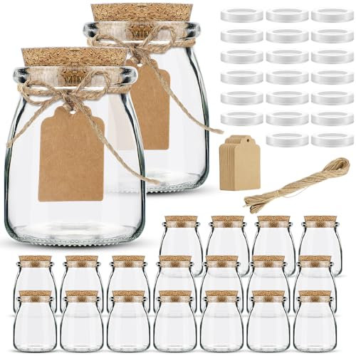 Folinstall 7oz Small Glass Jars with Cork Lids, 20 Pack Yogurt Container with PE Lids for Candy, Cake, Pudding, Yogurt, Jam, Empty Candle Jars for Candle Making, with Spoons, Labels, Tags