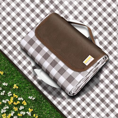 Outdoor Picnic Blankets Waterproof Foldable Sandproof, Large Gingham Cute Picnic Mat Washable Portable for Park Beach Camping Courtyard (Brown, 60×80)