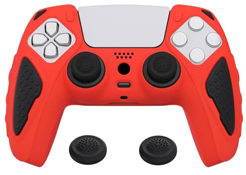 PlayVital Silikonhülle für PS5 Controller, Anti-Rutsch Schutzhülle Case | Weiches Gummi, rutschfeste Griffe, Schutz-Skin, Grips für PlayStation 5 Wireless Controller, Ritter Edition, Rot & Schwarz
