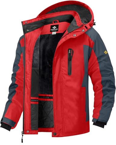 GEMYSE Herren Skijacke Winddicht Wasserdicht Warmes Fleecefutter Winterjacke mit Kapuze für Outdoor(Rot Grau,M)