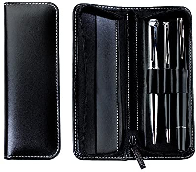 DELMON VARONE - Étui à crayons personnalisé pour 3 instruments d'écriture en cuir noir - Trousse Porte-stylo avec fermeture éclair - Housse de protection pour stylos à bille et à plume