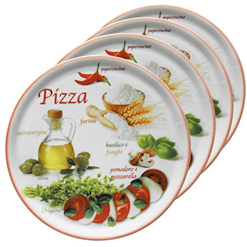 MamboCat Set di 4 piatti per pizza, Napoli, rossi, Ø 33,8 cm, piatti per antipasti o mozzarella, piatti in porcellana colorata per pizza e pasta & Co