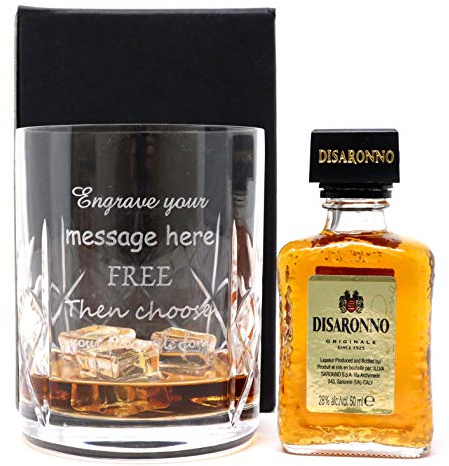 Personalised Engraved Crystal Glass Tumbler & Miniature (Disaronno Originale, Cardboard Gift Box)