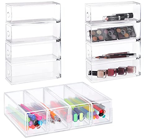 Relaxdays Schubladenbox Acryl, 3er Set, HBT: 6 x 25 x 17,5 cm, Hoch-, Querformat, Organizer Kosmetik, Büro, transparent