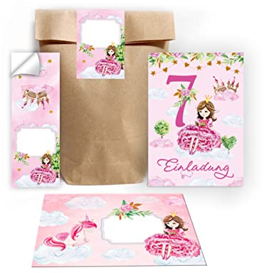 Junapack 12 Einladungskarten zum 7. Kindergeburtstag Einladung zum siebten Geburtstag Mädchen Prinzessin mit Einhorn incl. 12 Umschläge, 12 Tüten/natur, 12 Aufkleber