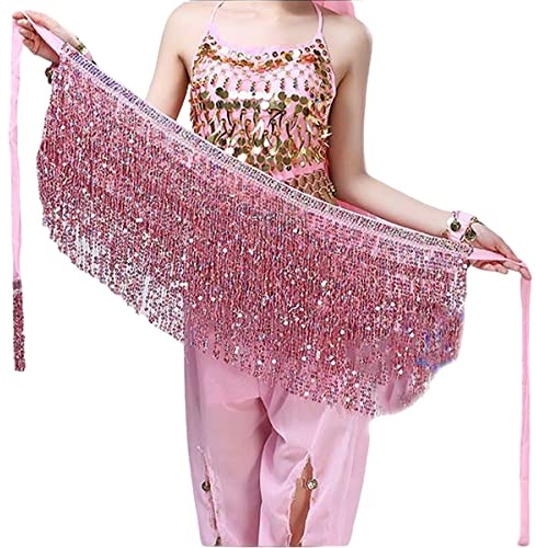 Belly Dance Skirt with Sequin Tassel, Latin Dance Hula Hip Scarf Performance Outfit for Women Girls (Pink)