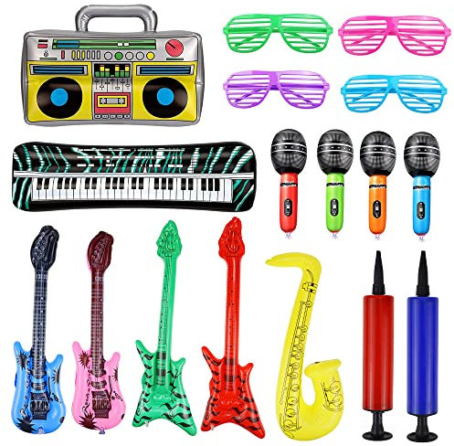 UYUYong 16 Pezzi Strumenti Gonfiabili Microfoni per Chitarra Gonfiabili Colorati Sassofono Gonfiabile Pianoforte Bass Radio Gonfiabili Occhiali + Pompa d'Aria per Feste di Carnevale