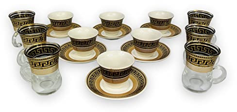 CINAR 18-teiliges Kaffeeservice Teeservice für 6 Personen Medusa Mäander Gold Espressotassen Mokkatassen und Teegläser mit Unterteller Luxus Pur 100 Ml in Geschenkbox