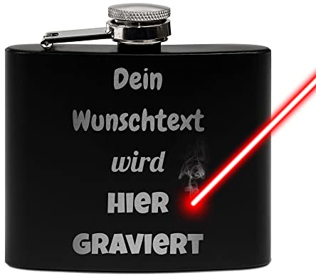 Flachmann mit Gravur aus Edelstahl selbst gestalten - mit Wunschtext gravieren - Geschenkidee für Freunde - Praktische Taschengröße | Schwarz, 140 ml, Lasergravur