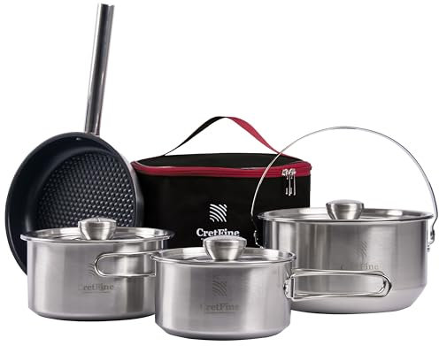 CretFine All-In-One Camping Kochset inkl. Transporttasche, 4-8 Personen Camping Kochgeschirr aus Edelstahl, Camping Topf Pfanne Set kompaktes Campinggeschirr