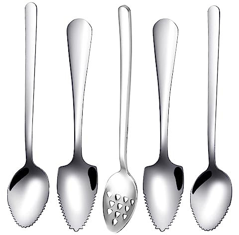 Grapefruit Löffel 5 Teiliges Set,4 Grapefruitlöffel aus Edelstahl,Kiwi Löffel, Grapefruitlöffel,Dessertlöffel,mit Wellenschliff geeignet für Obst