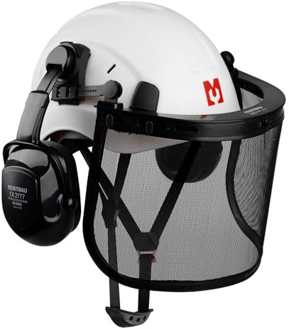 Mustbau Motorsägenschutzhelm, Schutzhelm mit Gehörschutz und Netzvisier, 53 bis 63 cm Verstellbarer Kopfumfang Geeignet für Forstwirtschaft, Baustelle, Arbeit - Weiß