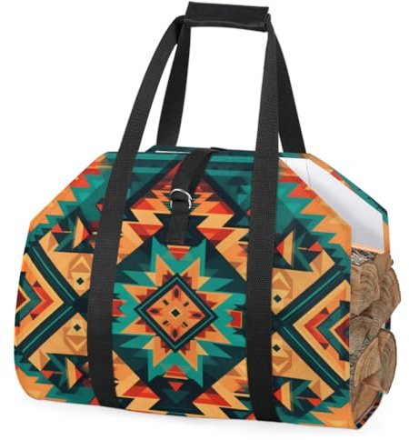 cfpolar Ethnic Aztec Pattern Firewood Log Carrier with Handle, Large Capacity Firewood Storage Bag Wood Carrying Tote Bag Fireplace Wood Stove Accessories Holder for Camping Fireplace BBQ