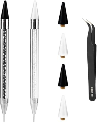 Attrape Strass pour Ongles, 2pcs Stylo de Forage avec 4 Têtes de Remplacement de Cire et Pincettes Outils Diamant à Double Extrémité pour Ongles Ramassage Rapide des Perles (Noir, Blanc)
