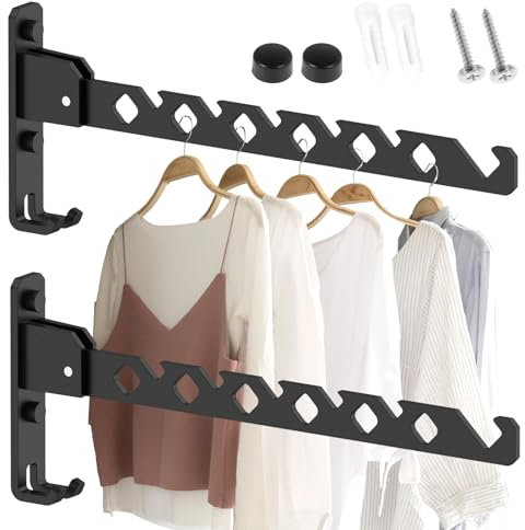Fyeme Kleiderlüfter Kleiderhaken Klappbar Wand Kleiderständer Klappbar Aluminium 180° Drehbar mit Schraubbeutel Wäscheständer für Waschküche Badezimmer Balkon Außen (Schwarz)