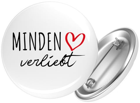 Huuraa Button Minden verliebt Geschenk | 25mm Pin Accessoire rund mit Sicherheitsnadel Ansteckbutton Geschenkidee Anstecknadeln für Jacken Rucksäcke