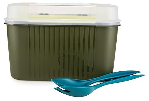 Tupperware Naschkätzchen Schatztruhe 7,3 L olivgrün mit Einsatz box behälter lebensmittel kekse pasta+Allegra Salatbesteck petrol
