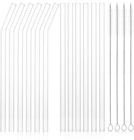 Cannucce di vetro riutilizzabili ，16 pezzi - 6 cannucce di vetro dritte e 6 cannucce di vetro curve da 21.5 cm con 4 spazzole per la pulizia per Bubble Tea, frullati, cocktail, succhi