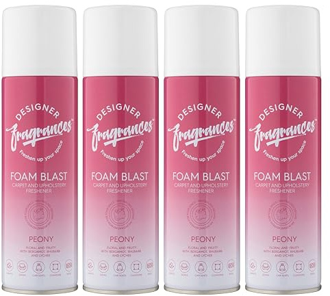 Designer Fragrances 4 Pack Peony Carpet & Upholstery Freshener Foam Blasts - For Carpets, Sofas, Cushions, Car Seats – Lasting Smell, Spray on Foam – Deodorise & Neutralise Odours – 300ml