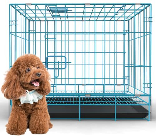 RUYICZB Hundekäfig Hundetransportbox Klappbar Hundebox Für Zuhause Gitterbox Hund Hundegitterbox Mit 2 Türen Und Tablett Hundetransportkäfig Tiertransportbox,Blau,13.8 Lx9.8 Wx13 H