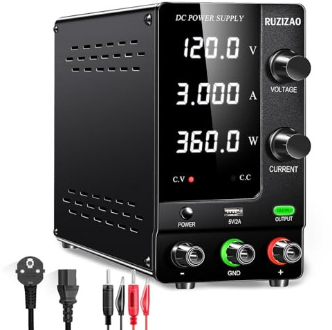 RUZIZAO Fuente de Alimentación Regulable 120V 3A, Fuente de Alimentación de Laboratorio con Codificador y Interruptor de Salida, Fuente de Alimentación de Banco Pantalla LED de 4 Dígitos y Puerto USB