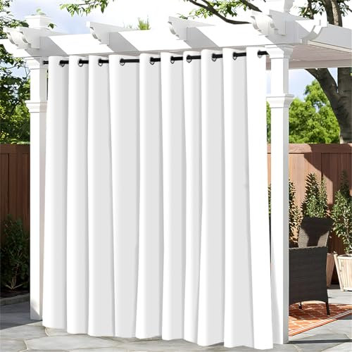 Hiseng Outdoor Vorhang Wetterfest mit Ösen 1 Stück Balkon Outdoorvorhänge Wasserdicht Einfarbig Blickdicht Vorhang Outdoor Sichtschutz Vorhänge für Garten Terrasse (132x274cm,Weiß)