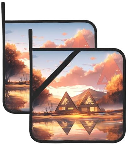 Set di due presine quadrate con stampa triangolare, resistenti al calore, 20,3 x 20,3 cm, tessuti di qualità, anti-scottatura e facili da pulire
