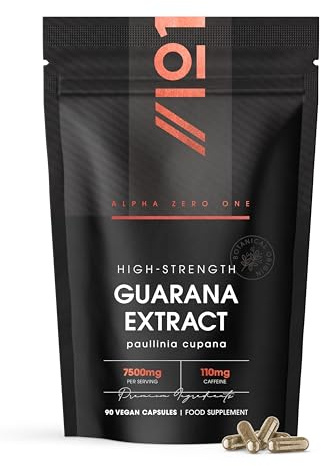 Guarana Extract 7500mg – Standardised 22% Caffeine (110mg per Serving) – 90 Vegan Capsules – Energy Supplement Natural Source of Caffeine – By Alpha01