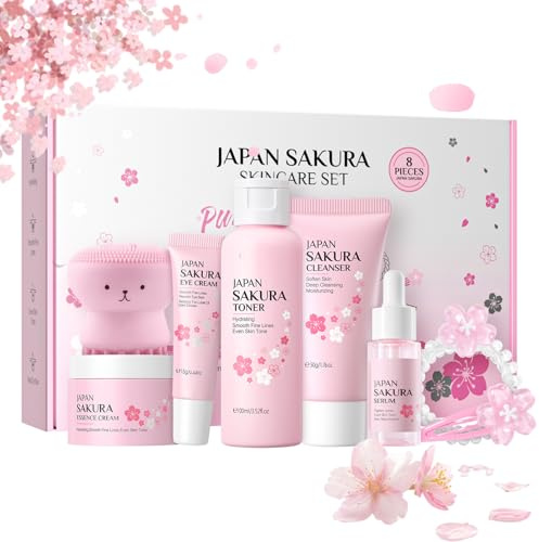 Japan Sakura Skincare Set, hudvårdsset för tonårsflickor och kvinnor, anti-aging skönhet presentset, 8-delad daglig ansiktsvård set – rengöring toner kräm serum ögonserum borste clips