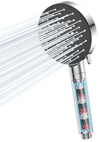 VOXON Shower Head, Hard Water Filter Showerhead, Triple Filter Stone, 6 Modes with One Hand, High Pressure Shower Head, Silicone Nozzle, Easy Cleaning, Comes with Replaceable Parts