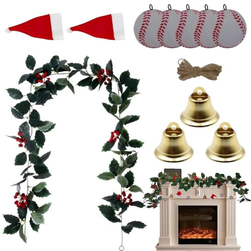 Weihnachtsgirlande, künstliches Weihnachtsgrün,Künstliche Haustürationen mit Weihnachtsmütze, Glocken, Kugeln, Ornamenten - Sportthema-Weihnachtsgirlanden-Bastelset, Bauernhaus-rustikaler Türkranz-Auf