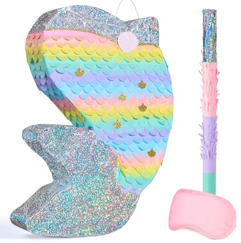 WERNNSAI Meerjungfrau Pinata – Meerjungfrau Geburtstags Piñata Mädchen Kinder Glitzernd Regenbogen Delfin Piñata mit Stab Augenmaske Quasten Geburtstagsparty Deko Unterwasser Party Spiele Zubehör