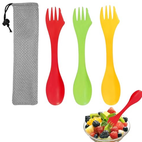 Watlikeup 3pcs Sporks Plastic 3-in-1 Camping Cutlery Set, Portable Camping Spork, Spoon Fork with Carry Pouch for Backpacking Hiking Outdoors, Travel (3 Pack, Multiple Colors)