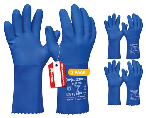 Gebol Blue Tech, 2 Paar Lange PVC-Gummihandschuhe mit Baumwollstrick, Chemikalienbeständige Putzhandschuhe gegen Säure & Öl, Wasserdichte Haushaltshandschuhe, L (Gr. 9), Blau