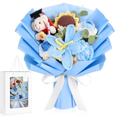 VAIPI Bouquet di fiori all'uncinetto con orso di laurea lavorato a maglia girasole peluche bouquet regali di laurea per lei fiori fatti a mano per lei regali per lei ragazzo ragazze laurea compleanno