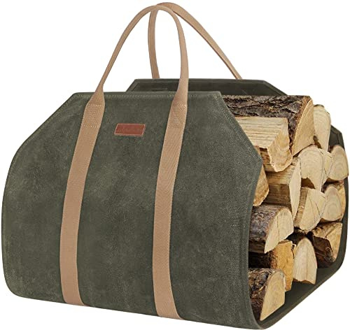 ZORMY Waxed Canvas Log Carrier Tote Bag, Extra Large Durable Firewood Holder with Handles and Shoulder Strap, Heavy Duty Wood Carrying Bag for Fireplaces & Wood Stoves (Green)