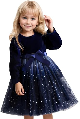 JiAmy - Vestido de terciopelo con lentejuelas y estrella para niñas, de manga larga, con tul, vestido de princesa para niñas de 3 a 7 años, para Navidad, cumpleaños y fiesta, ropa de otoño e invierno