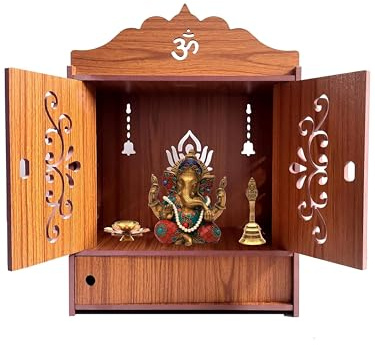 CRAFTSTRIBE Wooden Pooja Mandir for Home with Doors and Drawer – Wall Mounted Hindu Temple Modern Handmade Wooden Mandir Puja Stand for Home Pooja Cabinet Plywood Mandir
