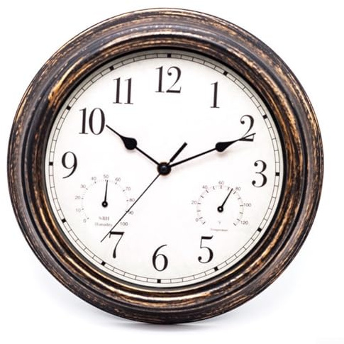Orologio da parete da giardino da 30,5 cm, impermeabile, vintage, con termometro e igrometro, orologio da parete classico per giardino, patio, decorazione per la casa (rame nero)