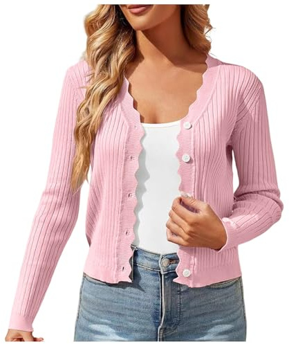 leinenjacke damen sommer leicht, Strickjacke Tratchten Damen Kurz Trachtenjacke Mit Knöpfen - V Ausschnitt Leichte Cardigan Sommer Dünne Übergangsjacke Trachtenweste Sommerstrickjacke Rosa XXL