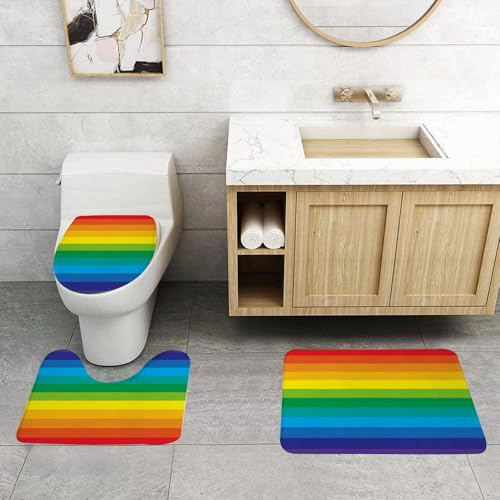 QRFASFZO Set Tappeti Bagno 3 Pezzi in Microfibra, Tappeti Assorbente Antiscivolo,Le iconiche strisce arcobaleno, sequenze ordinate di colori arcobaleno dal rosso al viola, prod,Tappetini Doccia