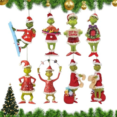 YANGUN 8 Stück Grin-ch Weihnachtsschmuck, 2D Grin-ch Weihnachtsdekorationen, G-rinch Hängende Ornament, Weihnachtsbaumschmuck-Anhänger für Zuhause, Feiertage, Partys