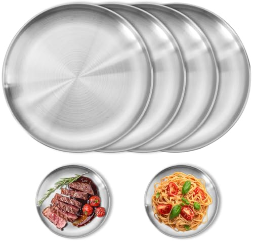 4 Stück Edelstahl Runden Geschirr, Pizzablech Rund 20 cm Edelstahl Teller | Unbreakable Stainless Steel Kitchen Plate, Nicht-Toxin Metallteller Leichte Snackteller für Camping, Picknick, Party