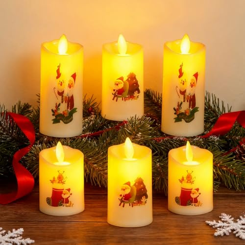 SPERMUOY Weihnachtsdeko LED Kerzen,6 Stück weihnachtskerzen Flammenlose LED Kerzen mit Weihnachtsmann Muster,Weihnachtsdeko Kerzen Weihnachten LED Teelichter für Weihnachtsdeko