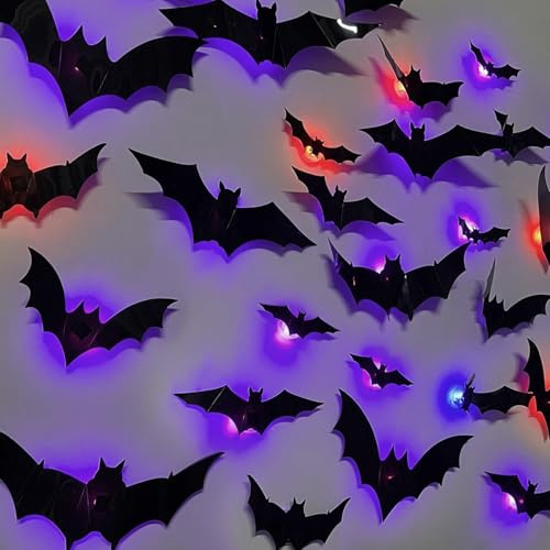 Lot de 36 lumières LED 3D - Décoration d'Halloween - Chauve-souris - Autocollant mural avec 10 tailles différentes - Autocollant décoratif horreur - Décoration LED pour l'intérieur - Accessoire de