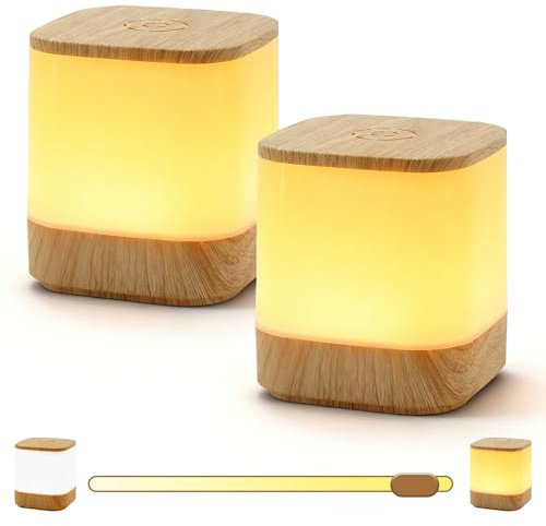 LED Nachttischlampe 2er Set, Tischlampe Touch Dimmbar, USB Aufladbar Nachttischlampe Kabellos mit 3 Farbtemperaturen, LED Nachtlicht Baby, Holzmaserung Tischlampe Kabellos für Schlafzimmer Wohnzimmer