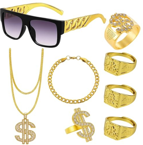 8 Stück Zuhälter Kostüm, Rapper Kostüm Set Mit Goldkette Herren, 80er 90er Jahre Outfit Accessoires, Gangster Gang Style Mit Brille, Armband Und 5 Ringen Für Mottopartys, Karneval Und Hip-Hop Events