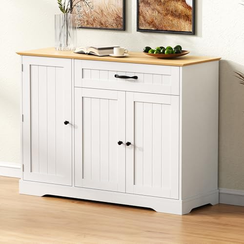 FammyLoft Skänk med förvaringsutrymme, byrå med 3 dörrar och 1 låda, vardagsrumsskåp med justerbara hyllor, universalskåp för kök, vardagsrum och matsal, 107 x 40 x 83,4 cm, vit + natur