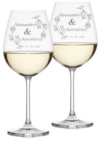 Lasertricks Calici da vino - Personalizzati con Nomi – Idea Regalo San Valentino, Anniversario o Matrimonio – Bicchieri da Vino – Personalizzabili (Fiore 1, Coppia calici)