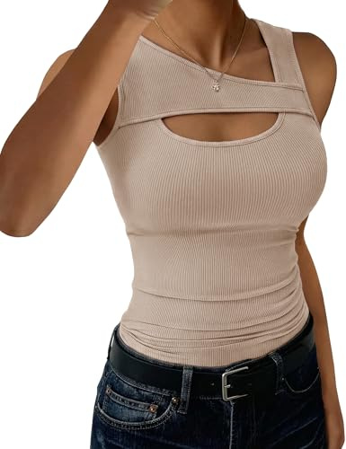 Aottori Camisetas Sin Mangas Mujer Verano Camisola Básica Mujer Chaleco Acanalado Mujer Camisola Corte Cuello Elegante Liso Ajustado Estirado Sexy Top Tunica Albaricoque S